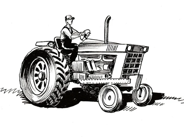 Farmer on retro tractor. Ink black and white drawing