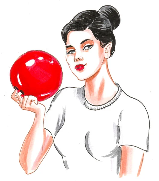 Pretty Woman Red Bowling Ball Ink Watercolor Drawing — Stock Photo, Image