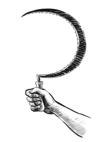 Hand Holding Sickle Tool Ink Black White Drawing — Stock Photo, Image