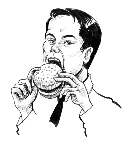 Happy Man Biting Burger Ink Black White Drawing — Stock Photo, Image