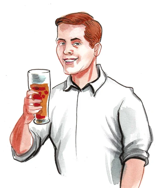 Feliz Sorrindo Homem Bebendo Copo Cerveja Desenho Tinta Aquarela — Fotografia de Stock