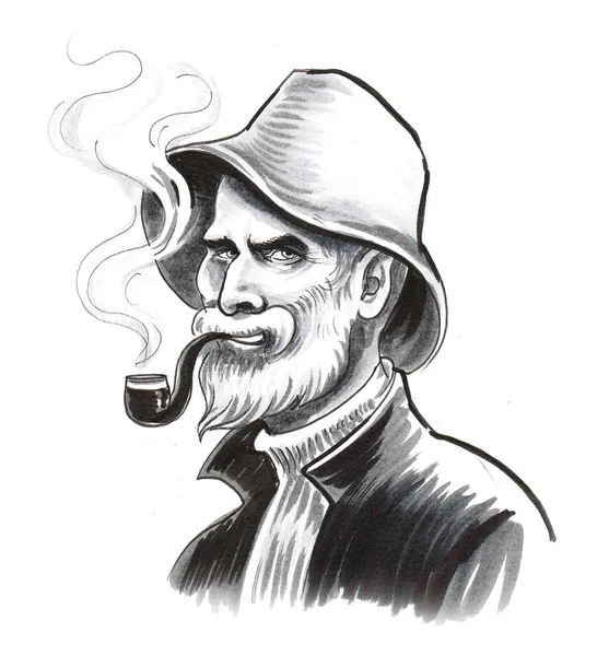 Капітан Моря Трубою Куріння Чорно Білий Малюнок — стокове фото