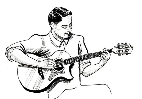 ミュージシャンがギターを弾く 墨と白のドローイング — ストック写真
