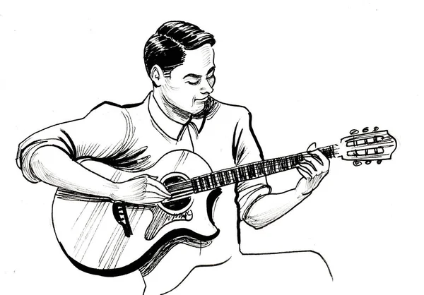 Músico Tocar Guitarra Tinta Desenho Preto Branco — Fotografia de Stock