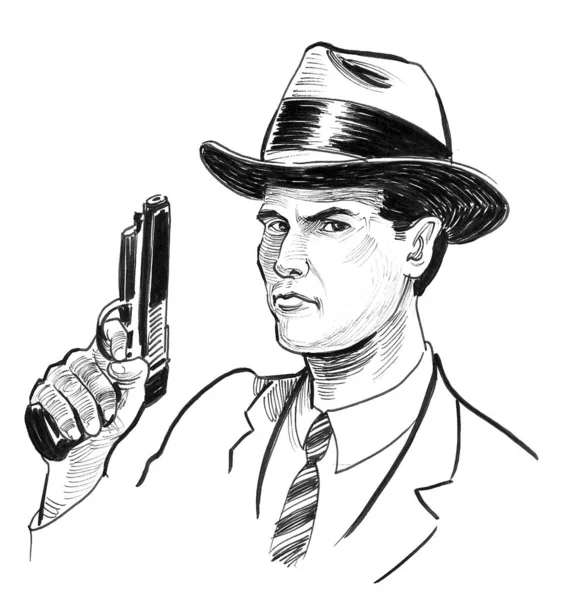 Gangster Gun Ink Black White Drawing — Stock Photo, Image