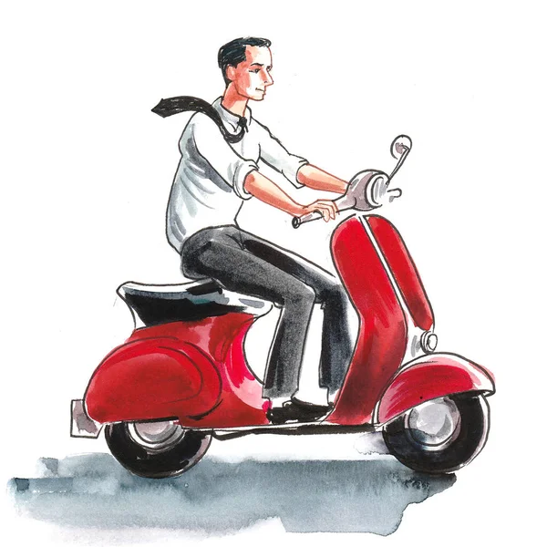 Jongeman Een Rode Vintage Scooter Inkt Aquareltekening — Stockfoto