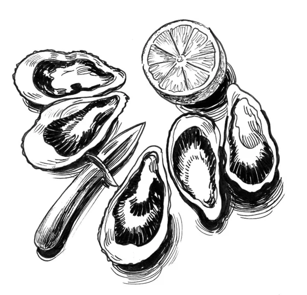 Oysters Lemon Knife Ink Black White Drawing — Stock Photo, Image