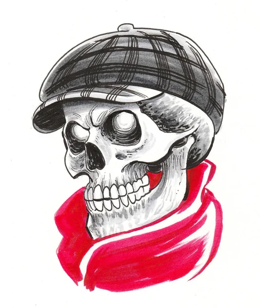 Μοντέρνος Σκελετός Καπέλο Και Κόκκινο Κασκόλ Σχέδιο Μελανιού Και Ακουαρέλας — Φωτογραφία Αρχείου