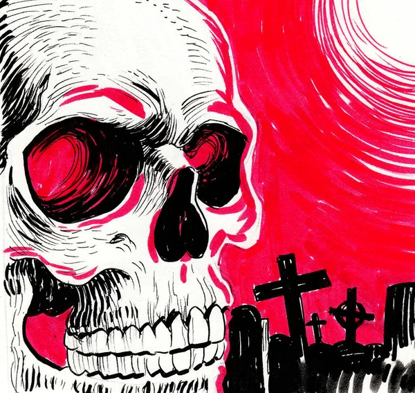 人类的骨架在红天的墓地上 水墨画 — 图库照片