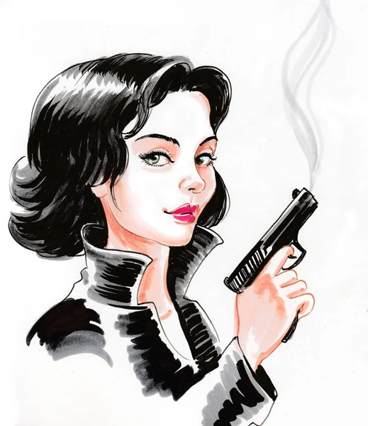 喫煙銃を持つかわいい女の子 水墨画 — ストック写真