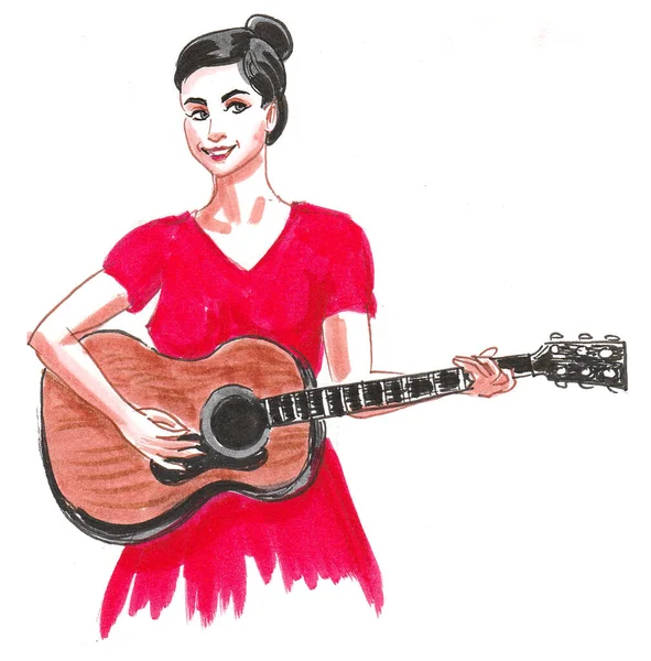 Jolie Femme Robe Rouge Jouant Guitare Acoustique Dessin Encre Aquarelle — Photo