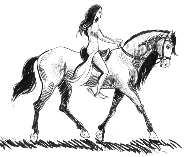 Woman Riding Horse Ink Black White Drawing — Stock Photo, Image