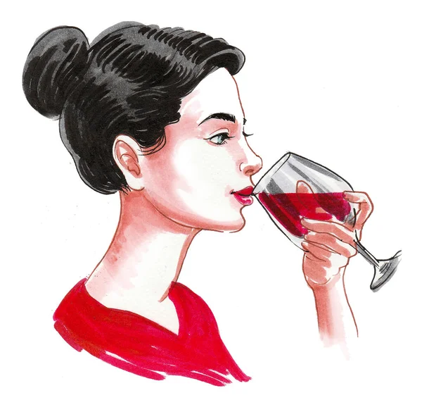 Uma Mulher Bonita Beber Copo Vinho Tinto Desenho Tinta Aquarela — Fotografia de Stock