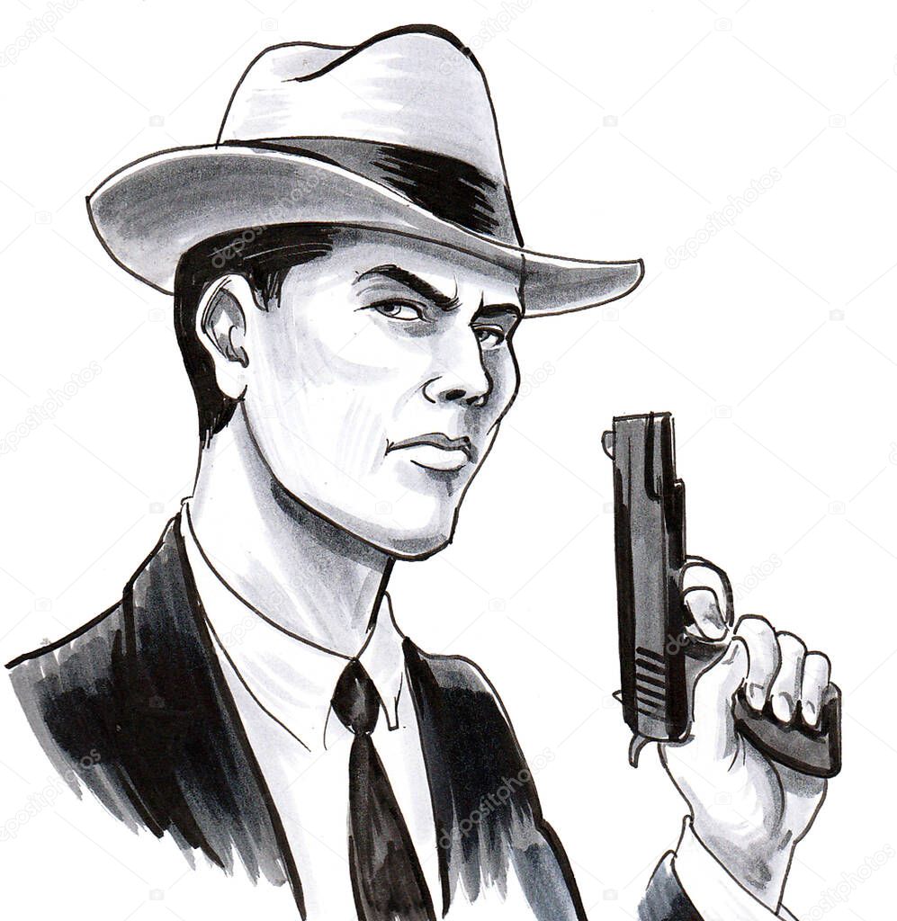 Gangster with a gun. Ink black and white drawing