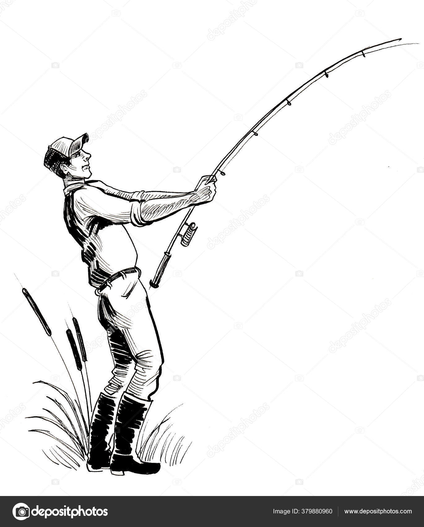 Man Fishing Rod Ink Black White Drawing — Stock Photo