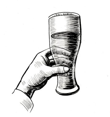 Hand holding a glass of beer. Ink black and white drawing