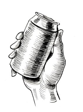 Hand holding an aluminium can with beverage. Ink black and white drawing