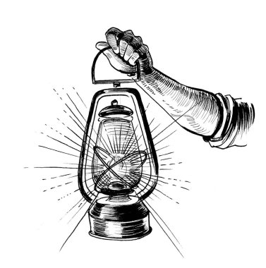 Hand holding burning lantern. Ink black and white drawing