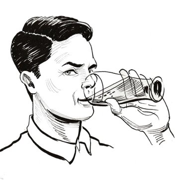 Young handsome man drinking a glass of beer. Ink black and white drawing