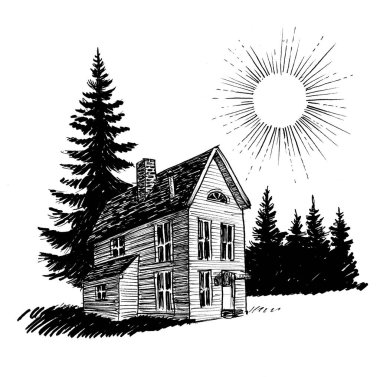 Old house and trees. Ink black and white drawing