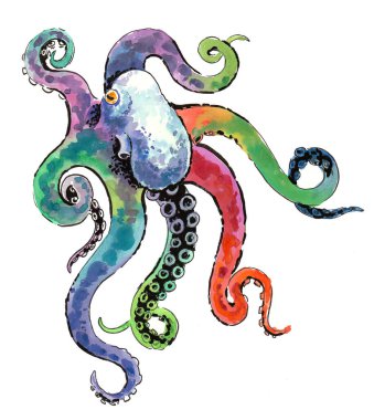 Rainbow colored octopus. Ink and watercolor drawing clipart