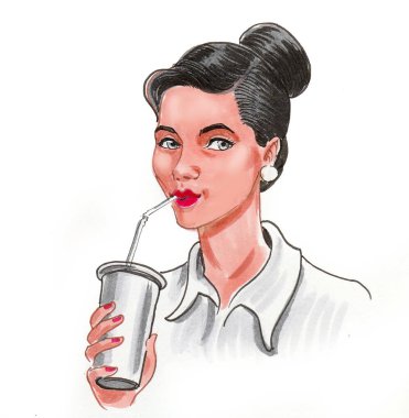 Güzel kadın içecek içiyor. Mürekkep ve suluboya çizim