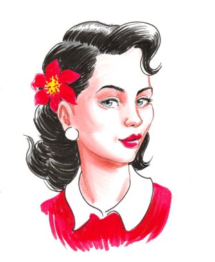 Saçında kırmızı çiçek olan güzel esmer kadın. Mürekkep ve suluboya çizim