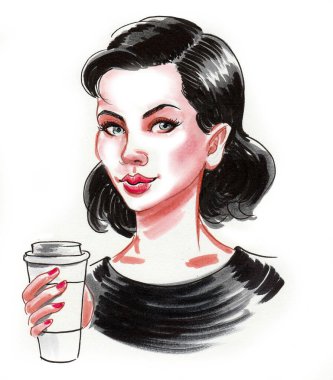 Kahve içen güzel bir kadın. Mürekkep ve suluboya çizim