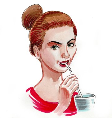 Güzel kadın içecek içiyor. Mürekkep ve suluboya çizim