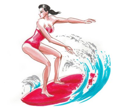 Sörf tahtasındaki güzel kadın. Mürekkep ve suluboya çizim