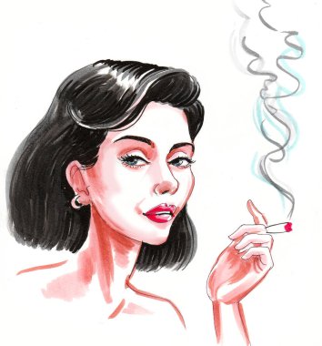 Esrar içen güzel bir kadın. Mürekkep ve suluboya çizim