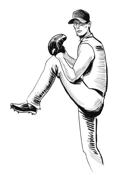 Baseball Player Throwing Ball Ink Black White Drawing — Stock Photo, Image