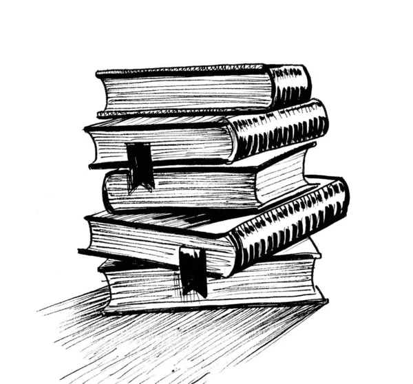 Bir yığın kitap. Mürekkep siyah beyaz çizim