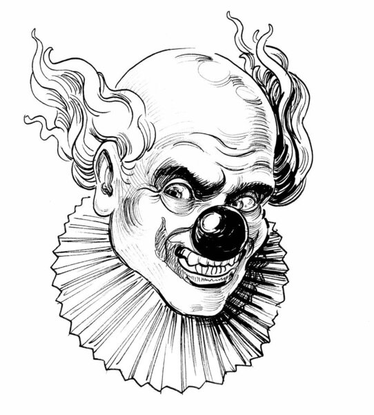 Evil clown. Ink black and white drawing