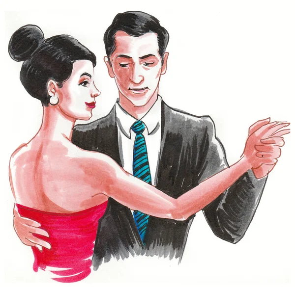 Beautiful Pair Dancing Ink Watercolor Drawing — Stock Photo, Image