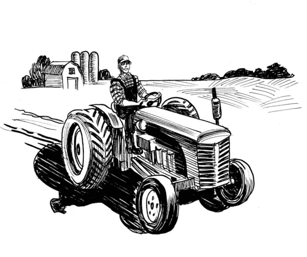 Fermier Sur Tracteur Encre Dessin Noir Blanc — Photo