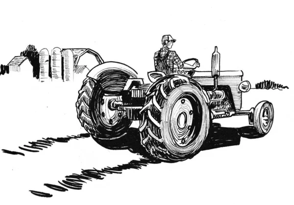 Farmer working on retro tractor. Ink black and white drawing