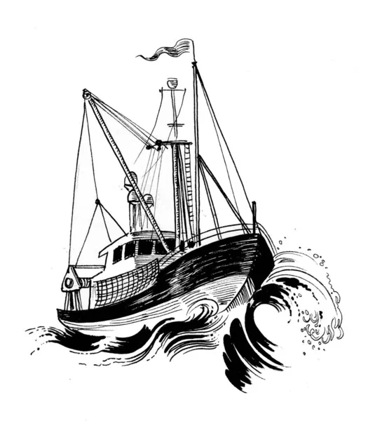 Vissen Trawler Stormachtige Zee Inkt Zwart Wit Tekening — Stockfoto