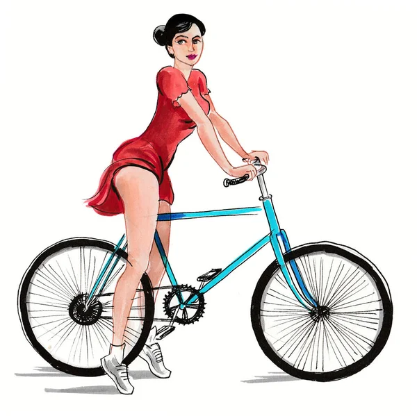 Bella Ragazza Bici Inchiostro Acquerello Disegno — Foto Stock