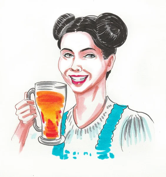 Pretty German Woman Drinking Glass Beer Ink Watercolor Drawing — ストック写真