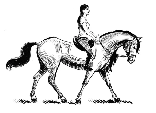 Pretty Lady Riding Strong Horse Ink Black White Drawing — Stock Photo, Image
