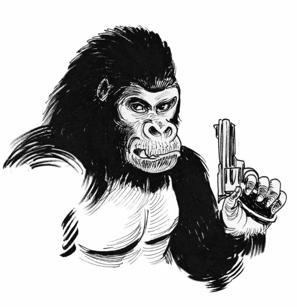 Gorilla Pazzo Con Una Pistola Inchiostro Disegno Bianco Nero — Foto Stock