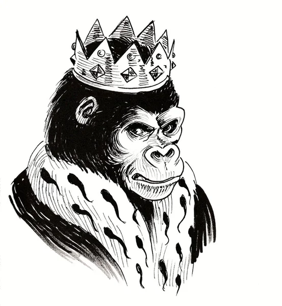 Macaco Gorila Coroa Tinta Desenho Preto Branco — Fotografia de Stock