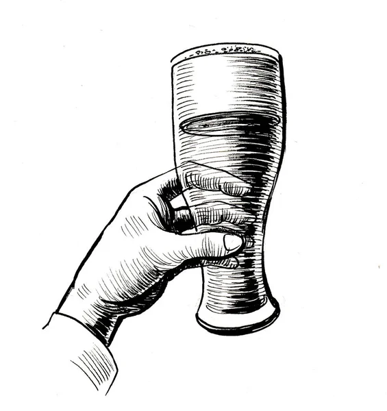 Hand Holding Glass Beer Ink Black White Drawing — ストック写真