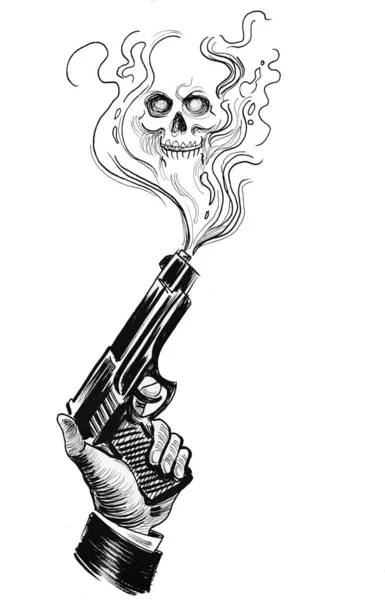 Hand Smoking Gun Ink Black White Drawing — Stock Photo, Image