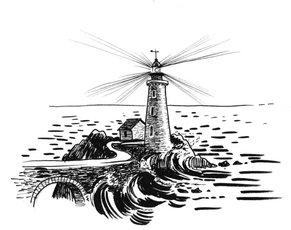 Lighthouse Seaside Ink Black White Drawing — ストック写真