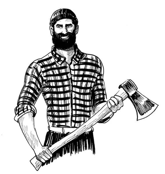 Canadian Lumberjack Ink Black White Drawing — Stock fotografie