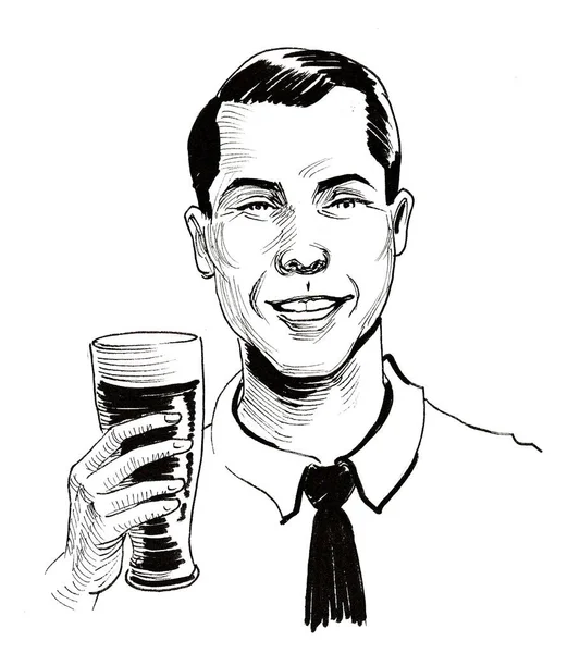 Heureux Homme Souriant Avec Verre Bière Encre Dessin Noir Blanc — Photo