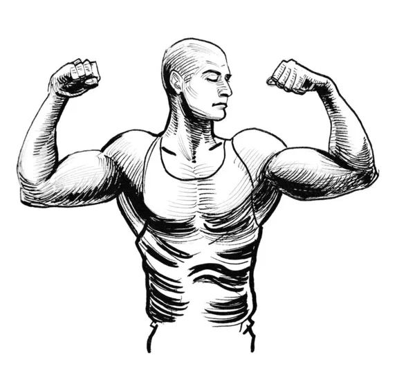 Athlete Flexing Biceps Ink Black White Drawing — Stockfoto