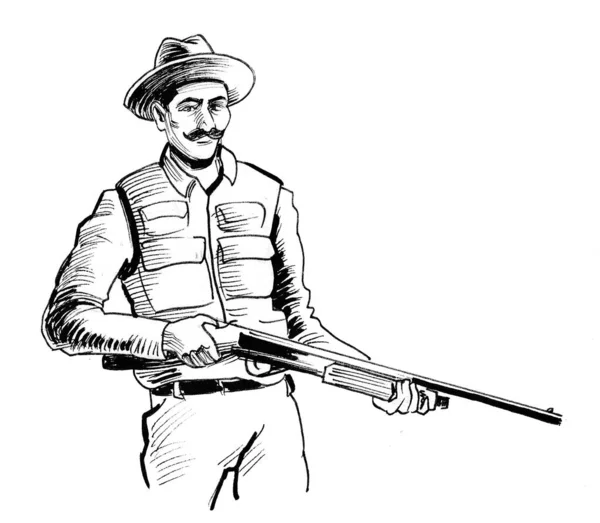 Chasseur Avec Fusil Encre Dessin Noir Blanc — Photo